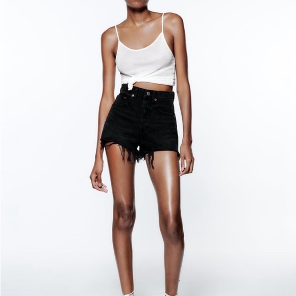 Zara black denim high-rise frayed shorts 4365/205 - Picture 1 of 7